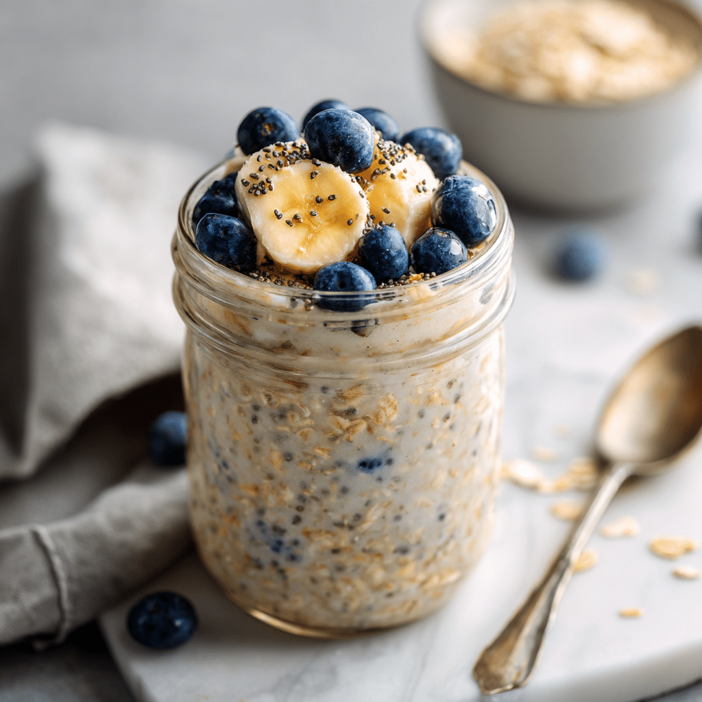 low point overnight oats WW with blueberries and banana slices