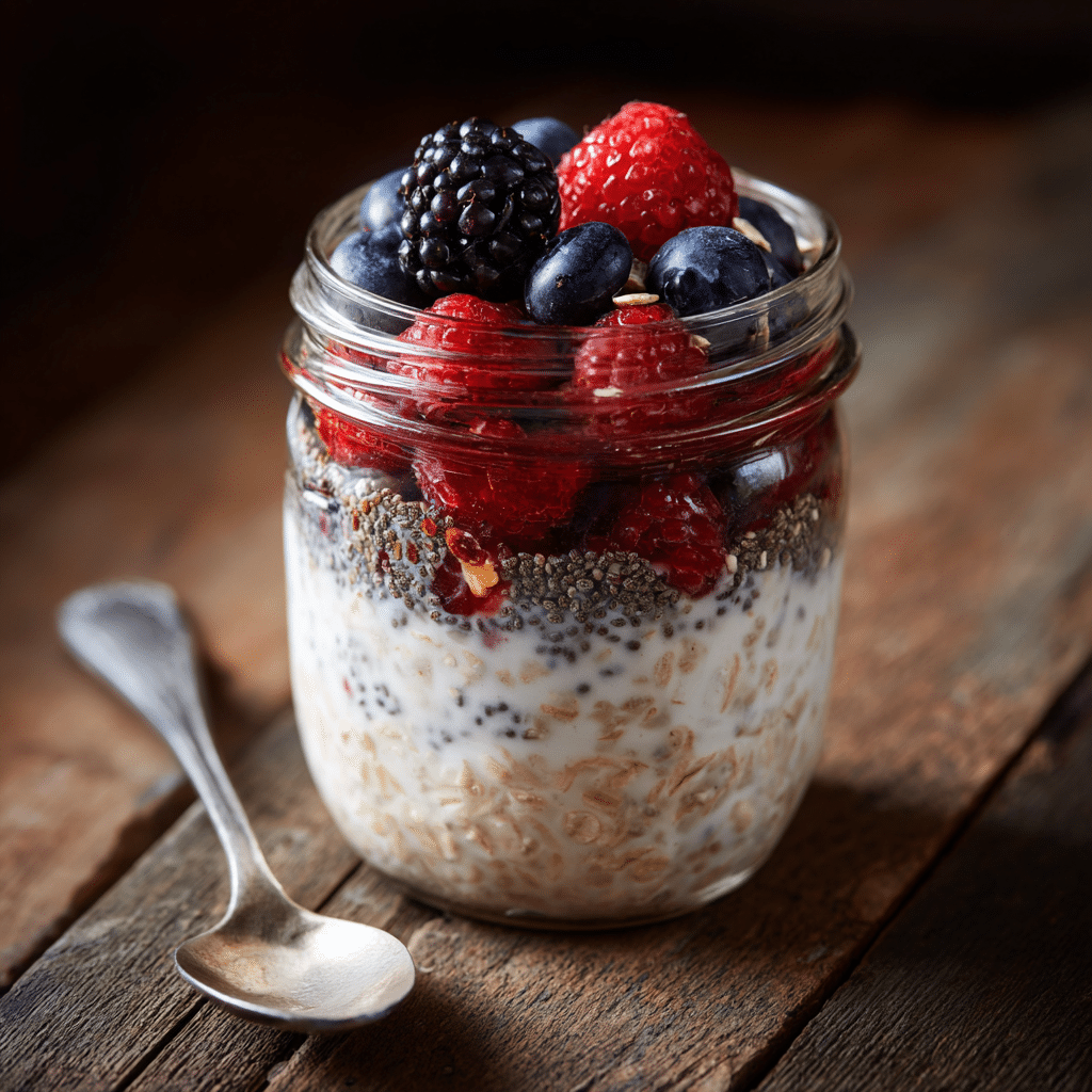 Meal prep dairy free overnight oats in a mason jar with fruit topping