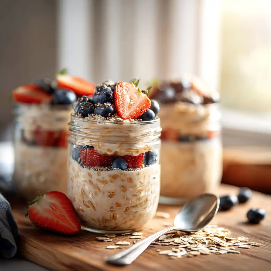 Meal prep overnight oats for weight loss with blueberries, strawberries, and chia seeds in glass jars