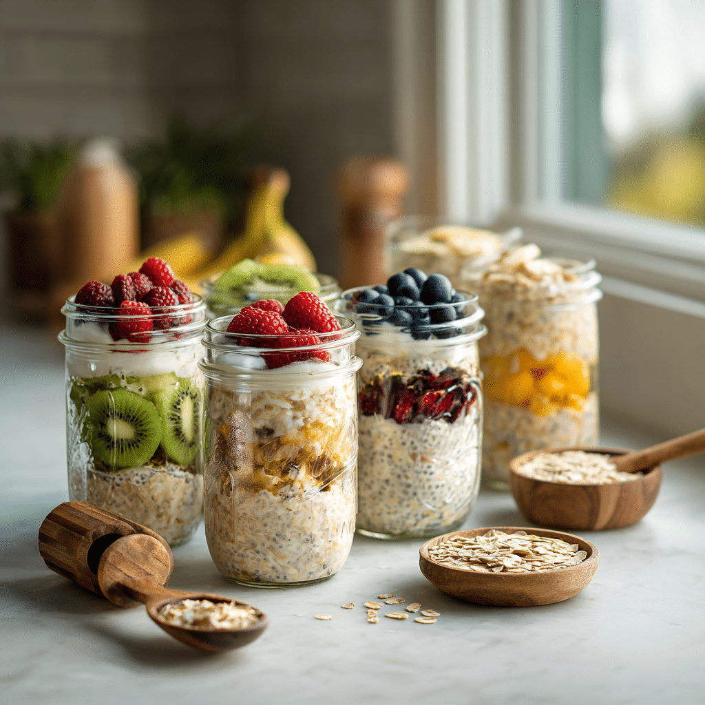 meal prep WW overnight oats in glass jars with fruit toppings