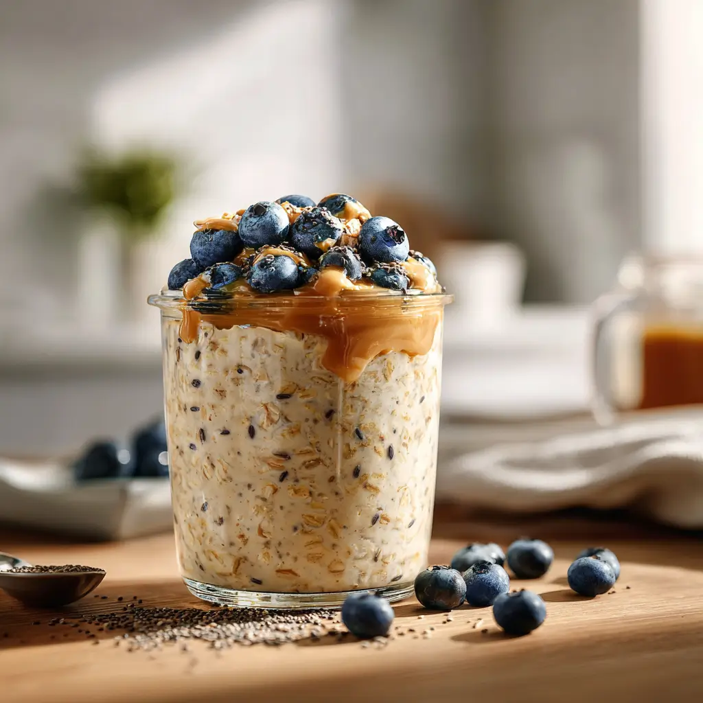Overnight oats for appetite control with blueberries, chia seeds, and almond butter in a glass jar