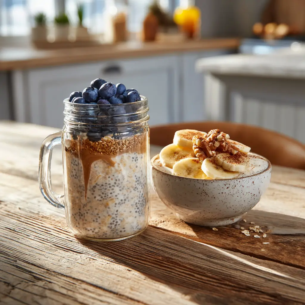 Overnight oats vs oatmeal for weight loss comparison showing creamy cold oats and warm oatmeal side by side