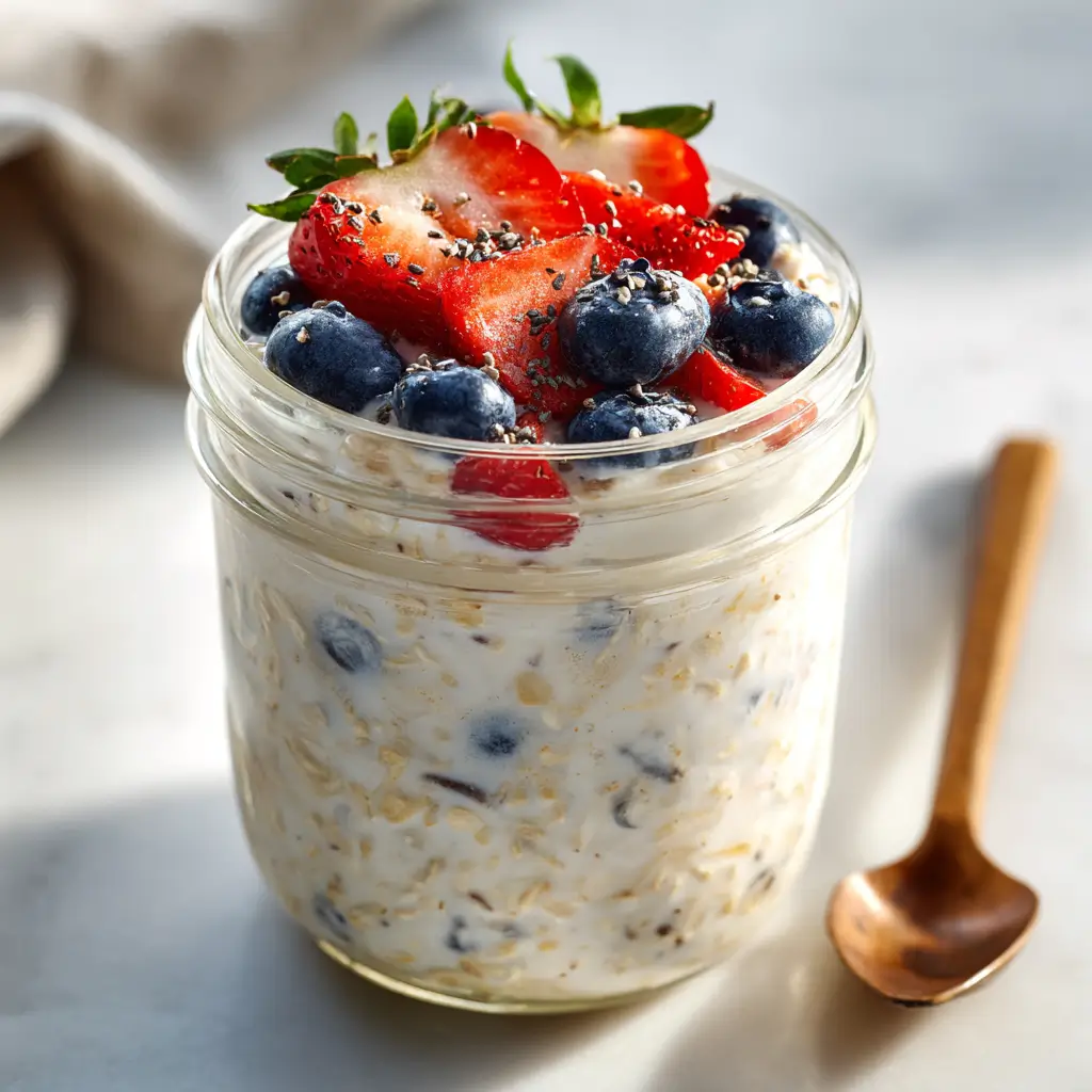 Creamy overnight oats for weight loss with fruits and chia seeds in a glass jar