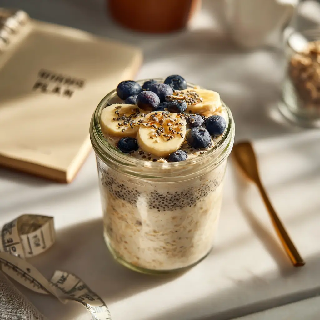 Overnight oats for weight loss breakfast with fruits and chia seeds in a jar