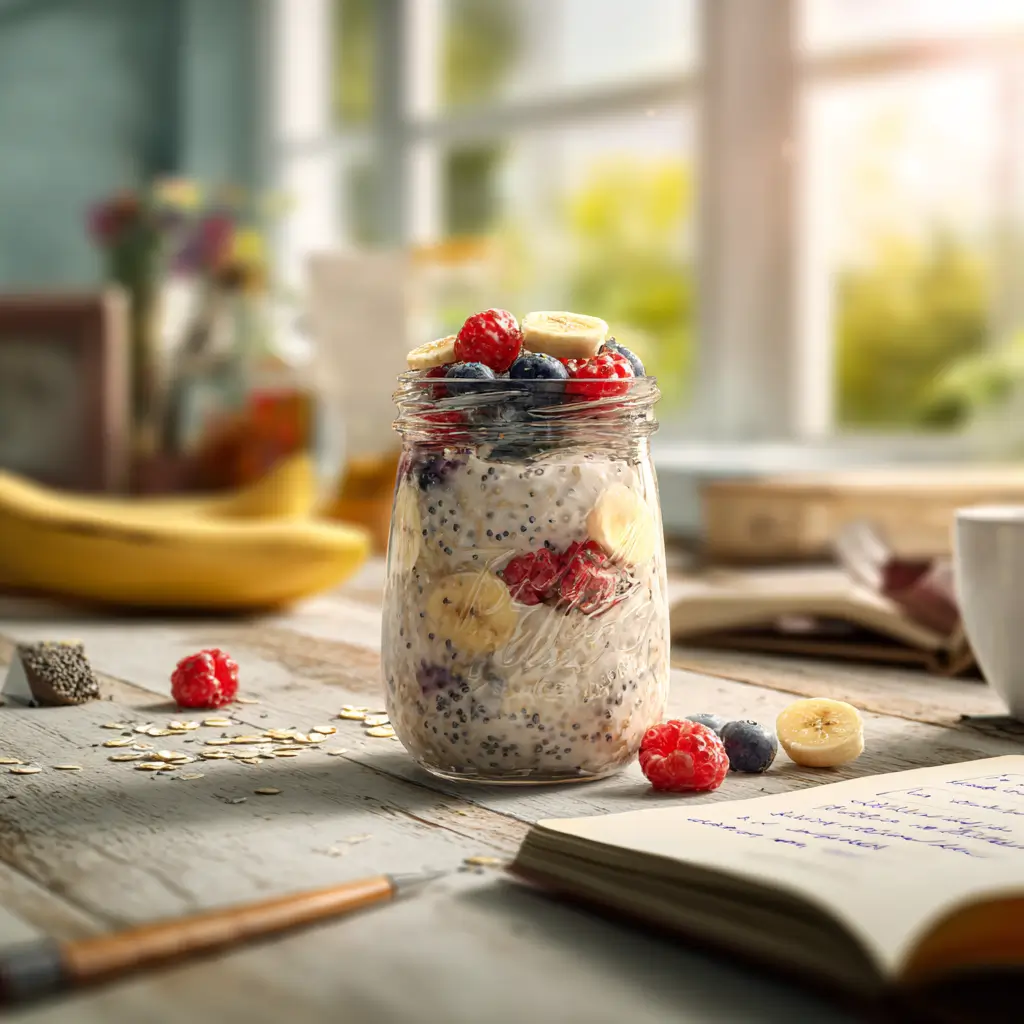 Overnight oats weight loss success story with berries, journal, and tape measure on kitchen table
