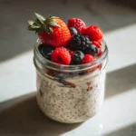 overnight oats without yogurt in a glass jar with berries