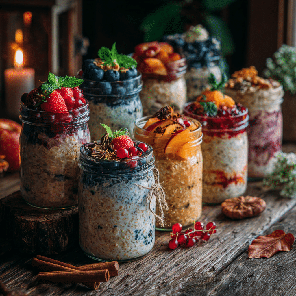 seasonal WW overnight oats with fruit toppings for spring, summer, fall, and winter