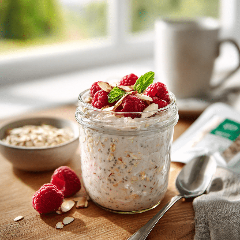 sugar free WW overnight oats with raspberries and almonds