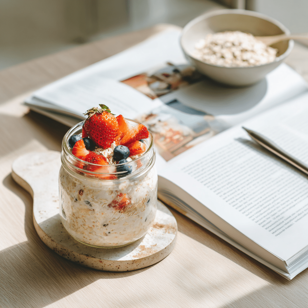 WW overnight oats guide with ingredients and preparation setup