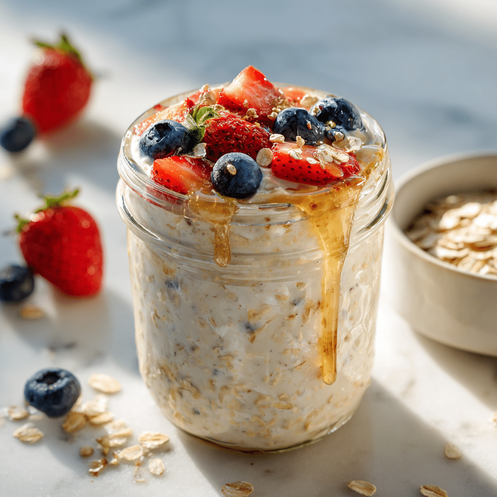 WW overnight oats with Greek yogurt and fresh fruit toppings